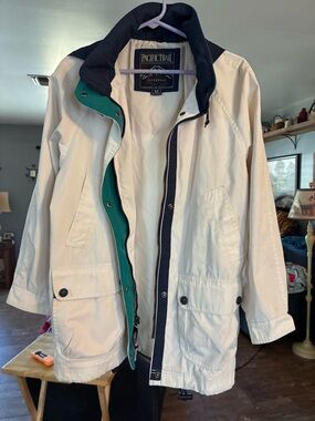 Pacific Trail Cream Jacket with Navy Collar and Teal Trim